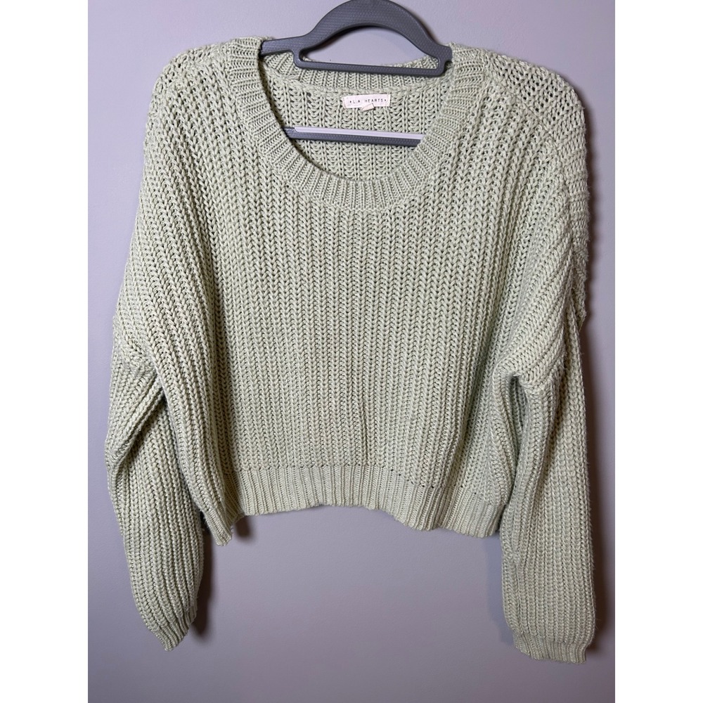 LA Hearts Sage Green Chunky Knit Cropped Sweater Womens Small Crew Neck Pullover